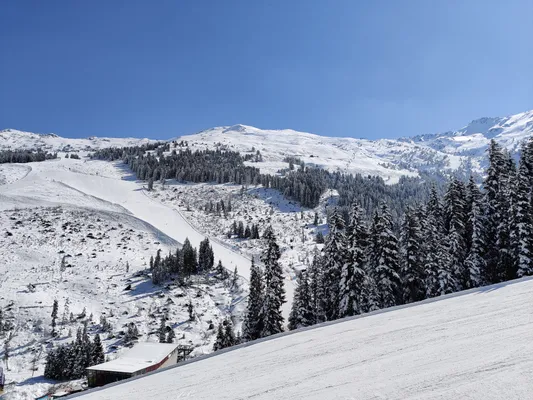 breathtaking winter landscape in the middle of a ski resort with several mountains and trees all covered in snow