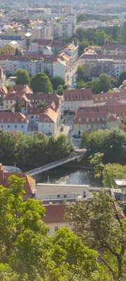 view down onto a river in the middle of the city of graz